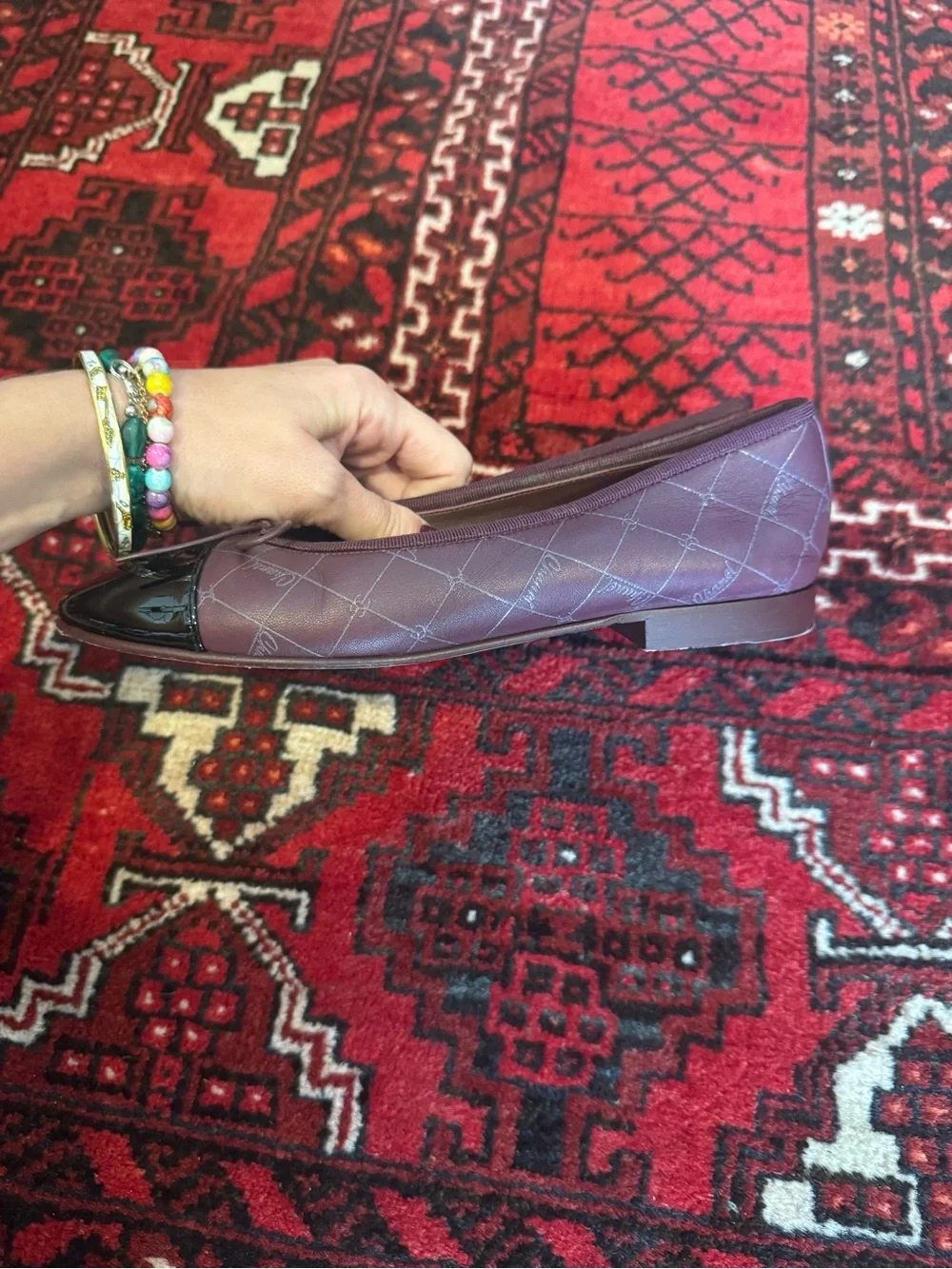 CHANEL Printed Lambskin Patent CC Cap Toe Ballerina Flats Burgundy Black 37